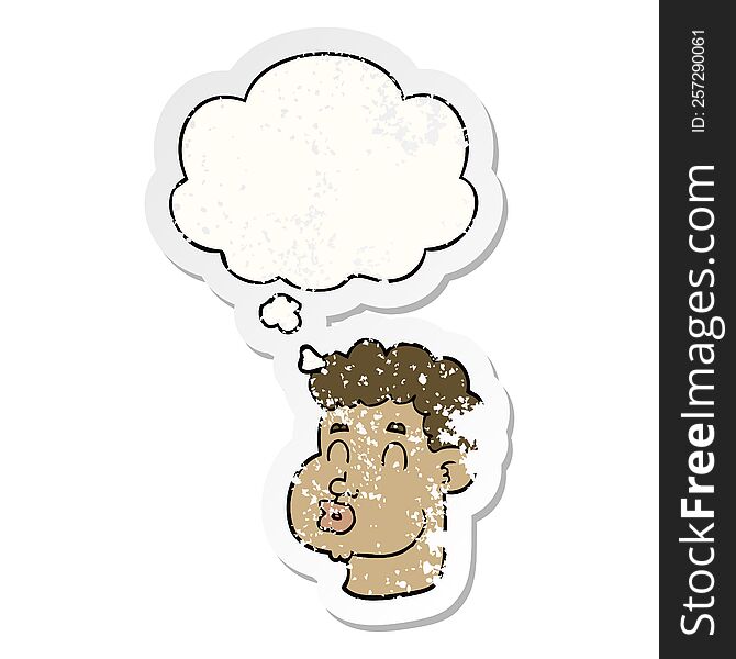 Cartoon Male Face And Thought Bubble As A Distressed Worn Sticker