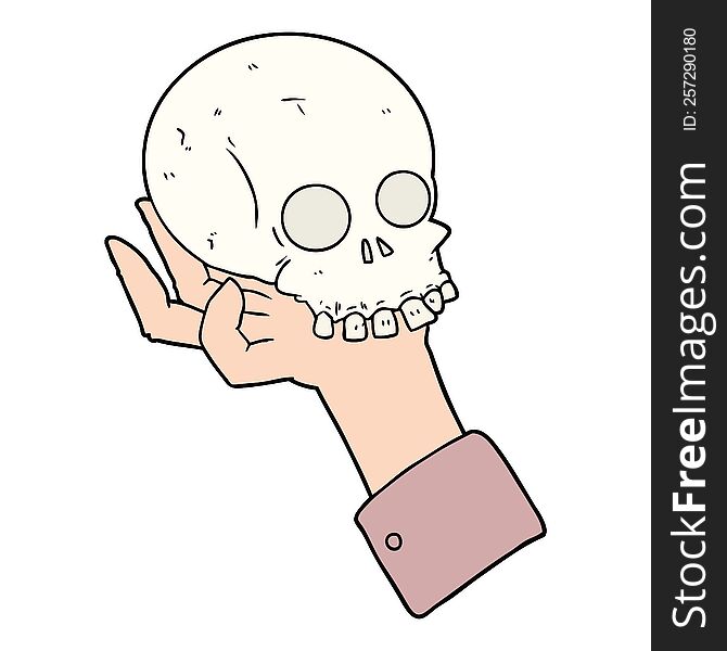 cartoon hand holding skull. cartoon hand holding skull