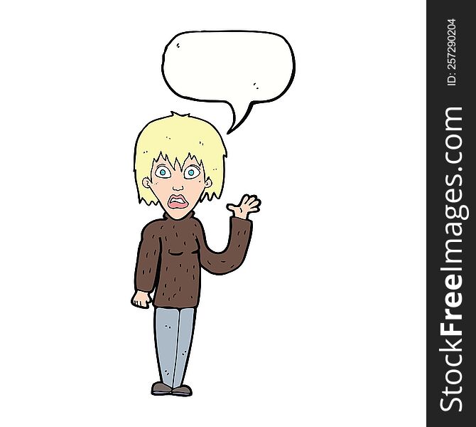cartoon shocked woman waving hand with speech bubble