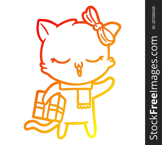 Warm Gradient Line Drawing Cartoon Girl Cat With Christmas Present