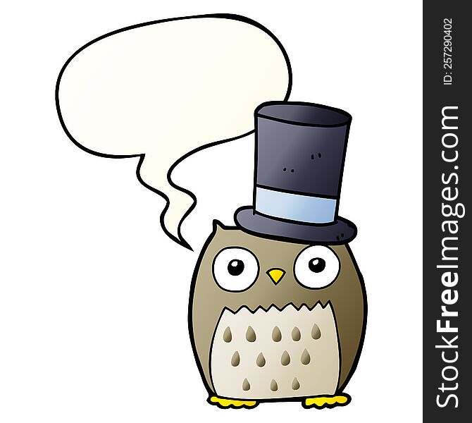 cartoon owl wearing top hat and speech bubble in smooth gradient style