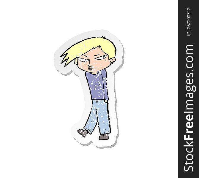 Retro Distressed Sticker Of A Cartoon Grumpy Boy