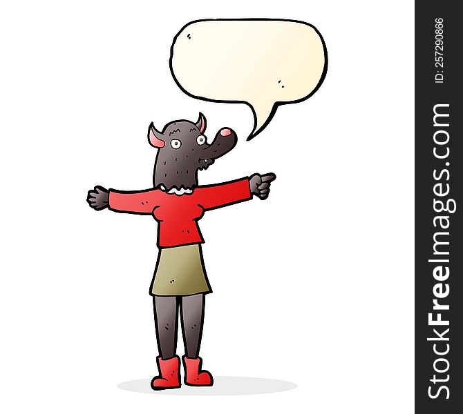 Cartoon Pointing Werewolf Woman With Speech Bubble