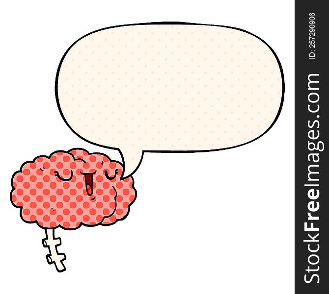 happy cartoon brain with speech bubble in comic book style
