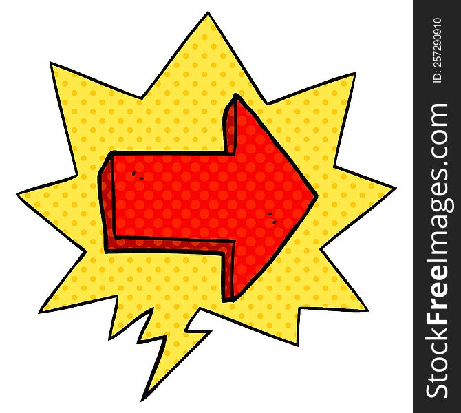cartoon pointing arrow with speech bubble in comic book style