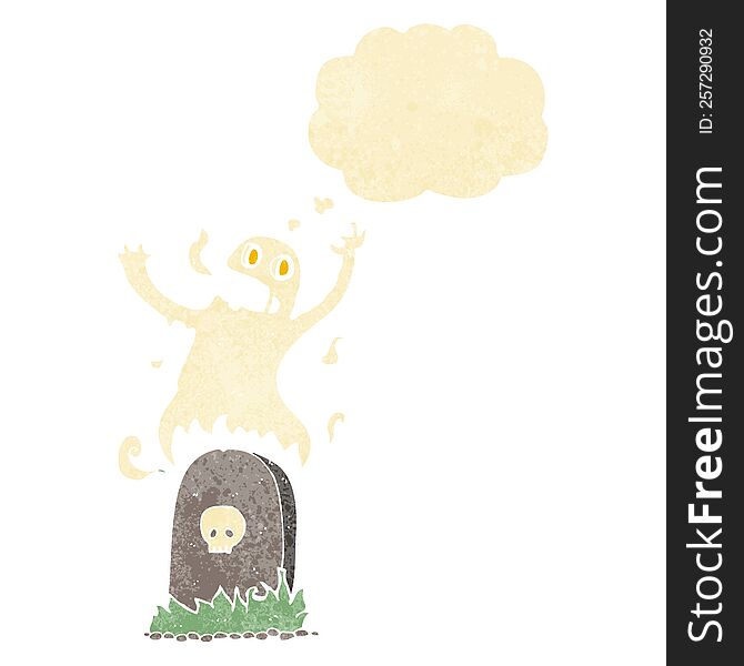 cartoon ghost rising from grave with thought bubble