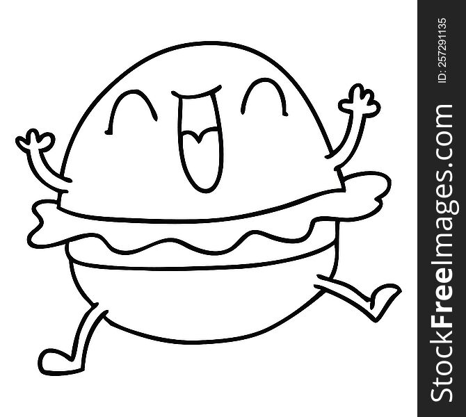 line drawing quirky cartoon happy veggie burger. line drawing quirky cartoon happy veggie burger