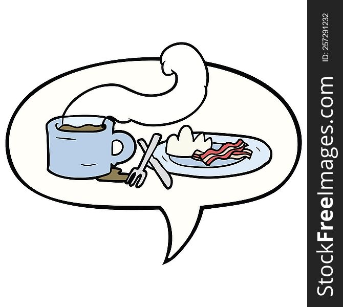 cartoon breakfast of coffee and bacon with speech bubble