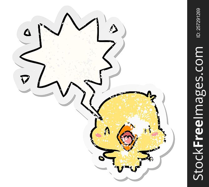 Cartoon Happy Bird And Speech Bubble Distressed Sticker