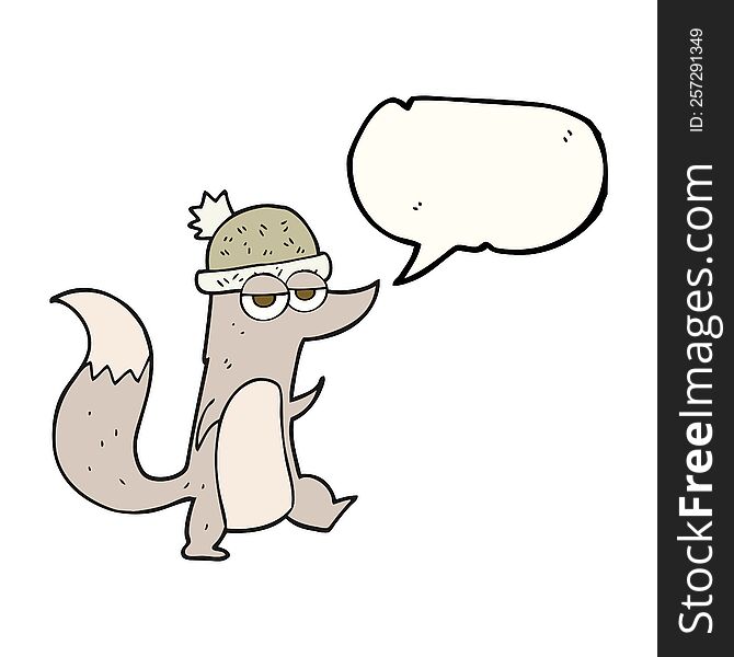 freehand drawn speech bubble cartoon little wolf wearing hat