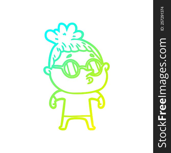 cold gradient line drawing of a cartoon woman wearing glasses