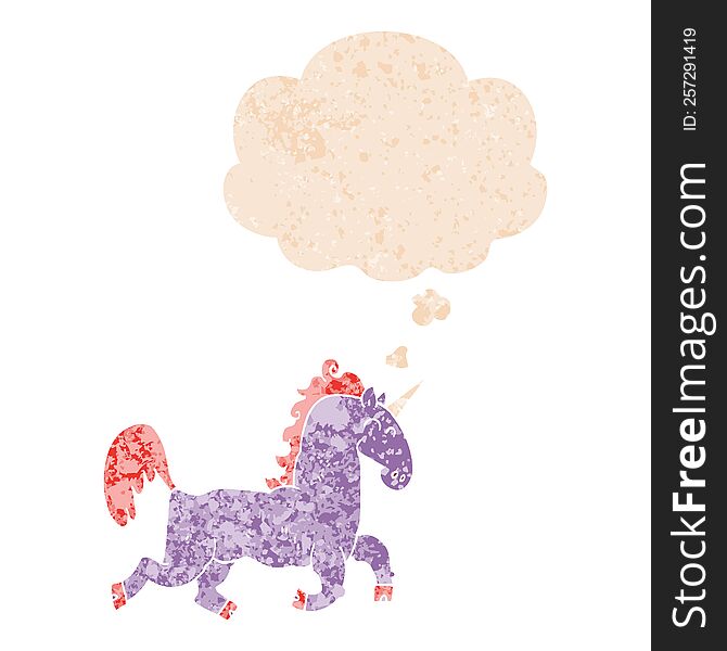 Cartoon Unicorn And Thought Bubble In Retro Textured Style