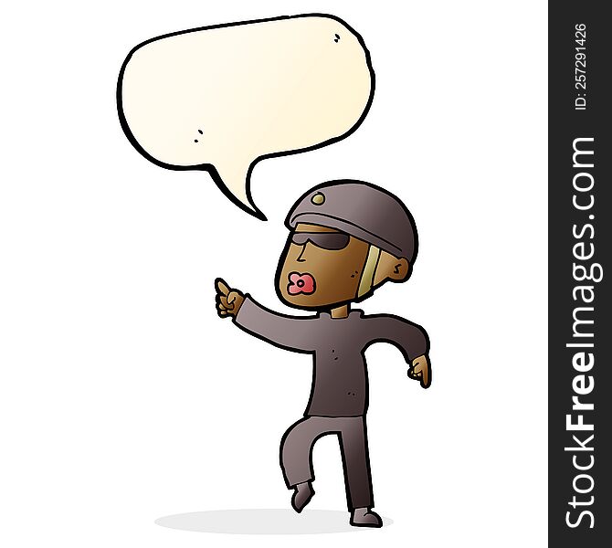 cartoon man in bike helmet pointing with speech bubble