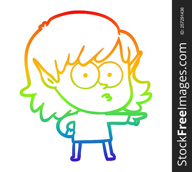 Rainbow Gradient Line Drawing Cartoon Elf Girl Pointing