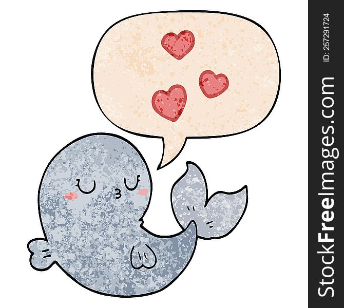 Cute Cartoon Whale In Love And Speech Bubble In Retro Texture Style