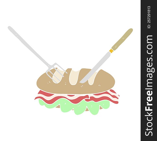 flat color illustration of a cartoon knife and fork cutting huge sandwich