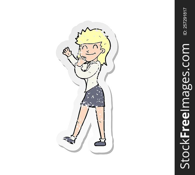 retro distressed sticker of a cartoon happy businesswoman