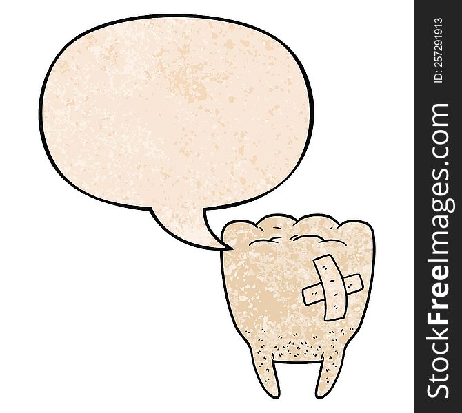 cartoon bad tooth with speech bubble in retro texture style