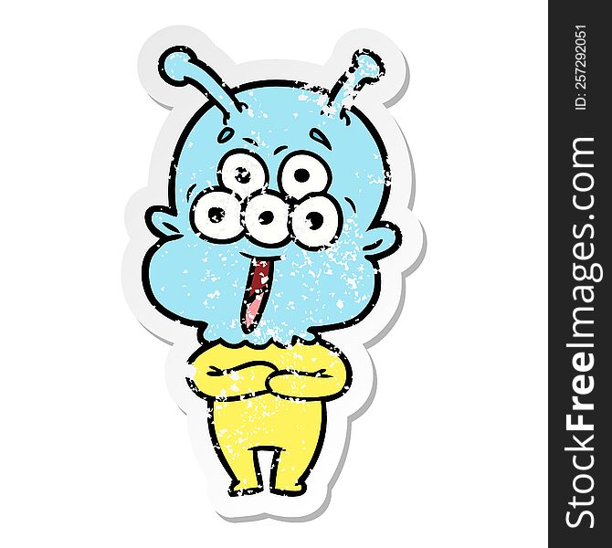 distressed sticker of a happy cartoon alien