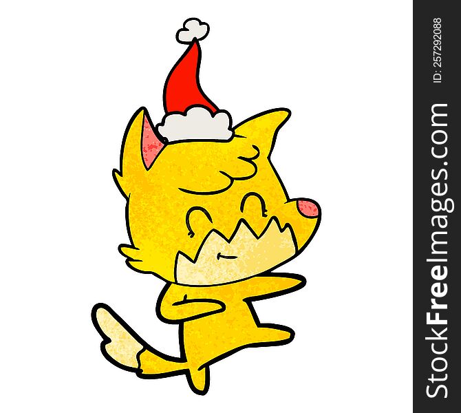 Textured Cartoon Of A Friendly Fox Wearing Santa Hat