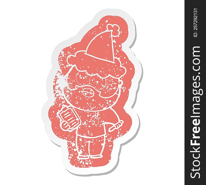 quirky cartoon distressed sticker of a bearded man with clipboard and pen wearing santa hat