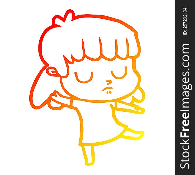 warm gradient line drawing of a cartoon indifferent woman dancing