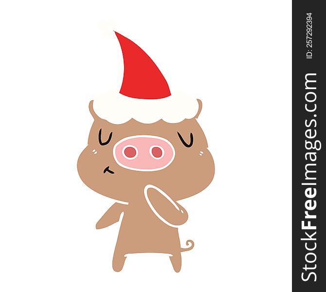 Flat Color Illustration Of A Content Pig Wearing Santa Hat