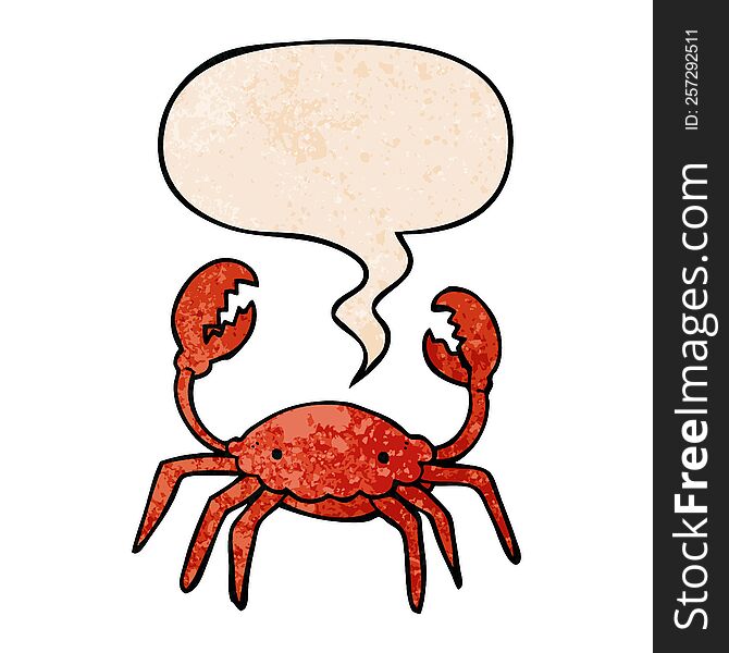 cartoon crab with speech bubble in retro texture style