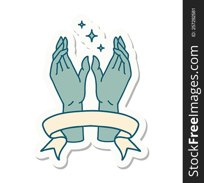 tattoo style sticker with banner of reaching hands