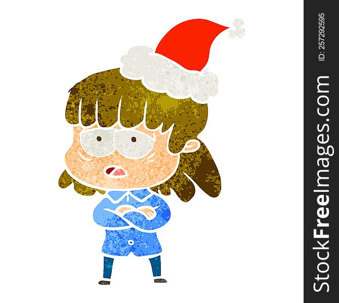 Retro Cartoon Of A Tired Woman Wearing Santa Hat