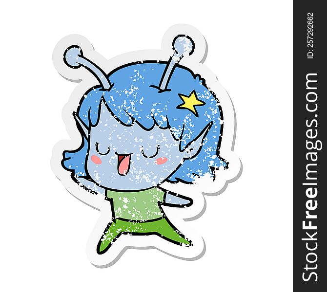 Distressed Sticker Of A Happy Alien Girl Cartoon