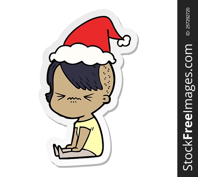 hand drawn sticker cartoon of a annoyed hipster girl wearing santa hat
