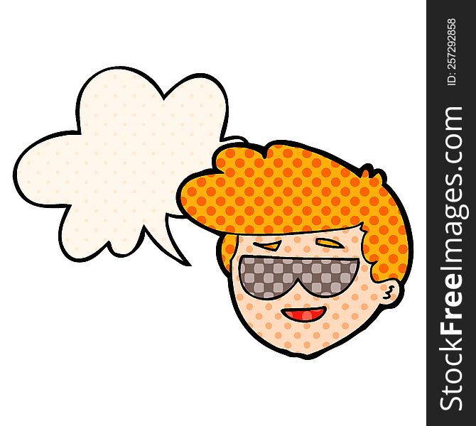 cartoon boy wearing sunglasses with speech bubble in comic book style