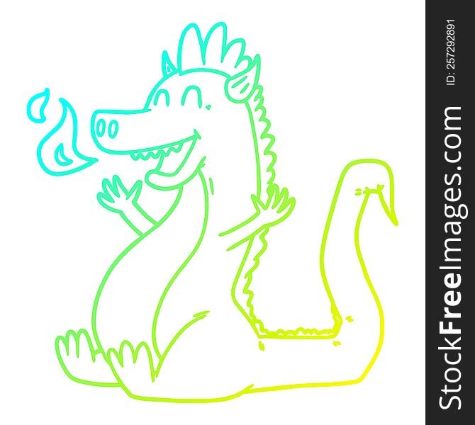 cold gradient line drawing of a cartoon happy dragon