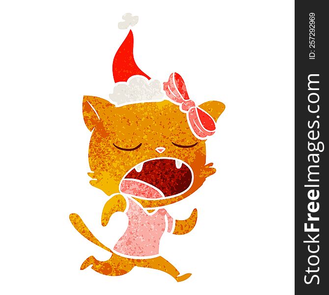 hand drawn retro cartoon of a yawning cat wearing santa hat