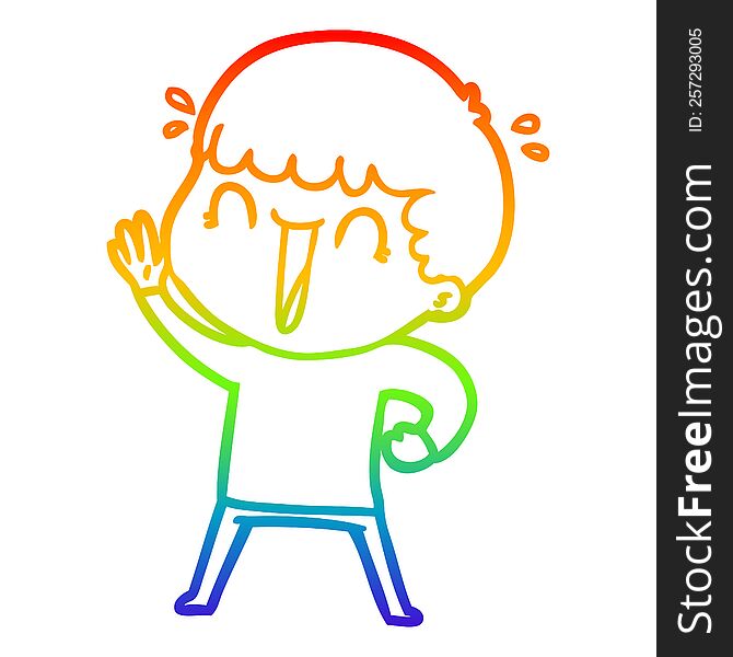 Rainbow Gradient Line Drawing Laughing Cartoon Man Waving