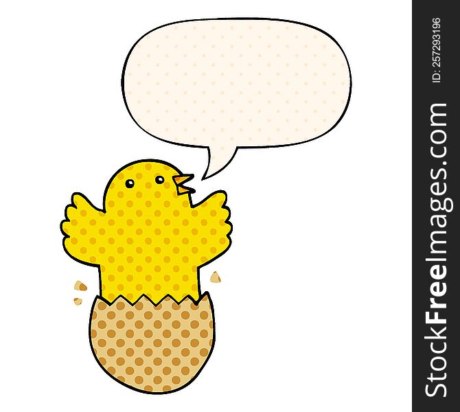 cartoon hatching bird with speech bubble in comic book style