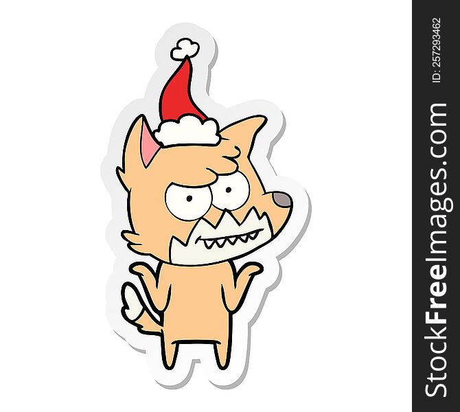 Sticker Cartoon Of A Grinning Fox Wearing Santa Hat