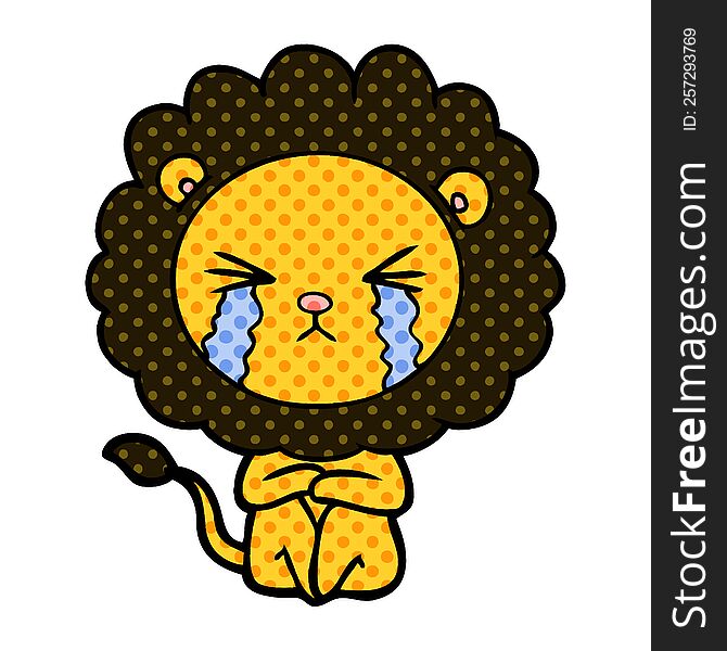 cartoon crying lion sitting huddled up. cartoon crying lion sitting huddled up