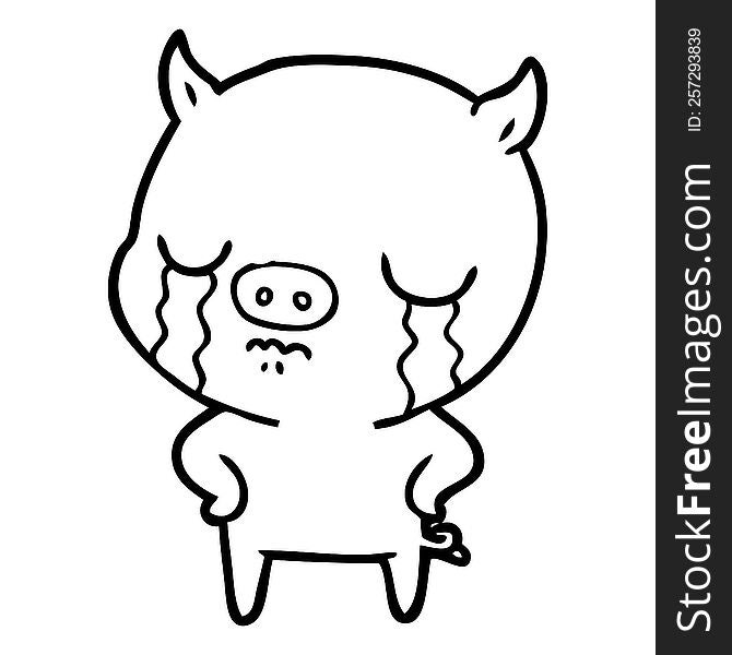 cartoon pig crying with hands on hips. cartoon pig crying with hands on hips