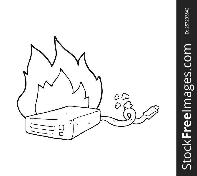 black and white cartoon computer hard drive burning