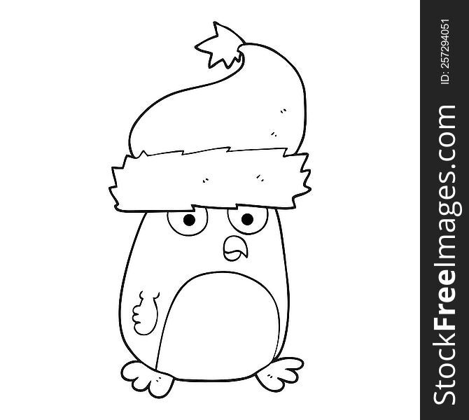 freehand drawn black and white cartoon christmas robin wearing christmas hat. freehand drawn black and white cartoon christmas robin wearing christmas hat