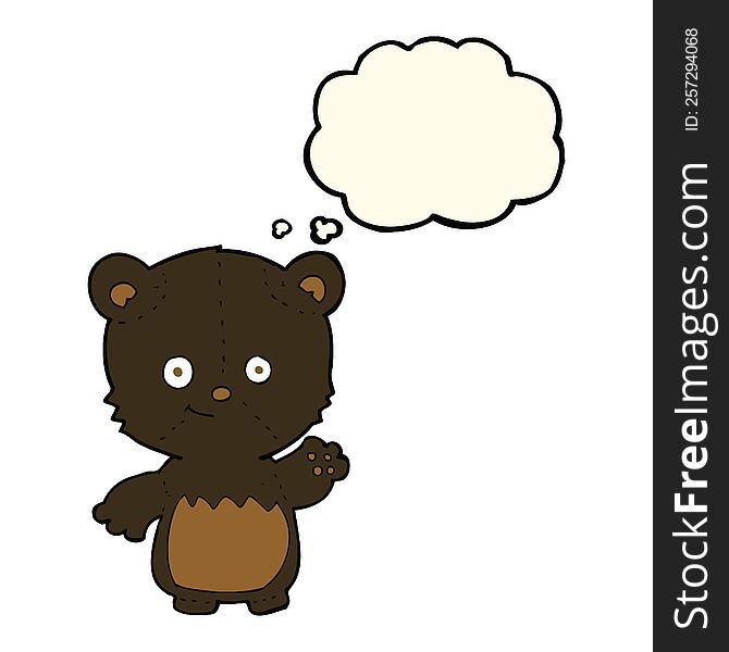 cartoon black bearcub waving with thought bubble