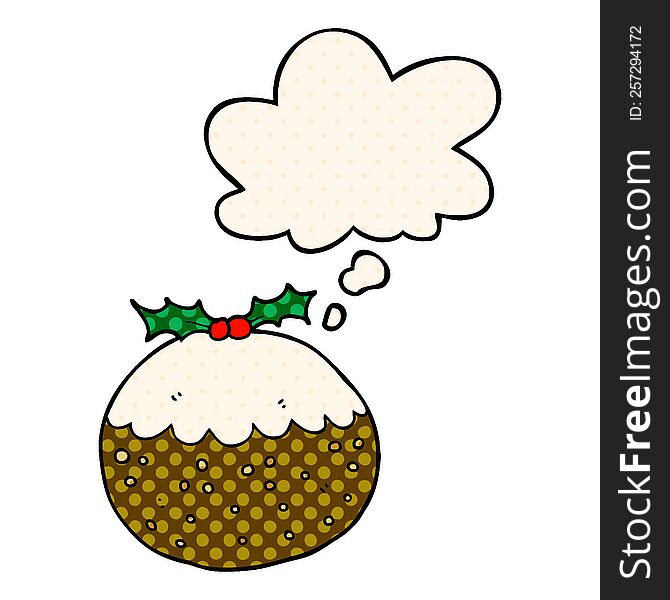 Cartoon Christmas Pudding And Thought Bubble In Comic Book Style