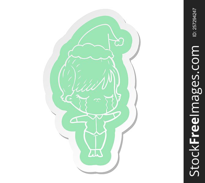 quirky cartoon  sticker of a woman crying wearing santa hat