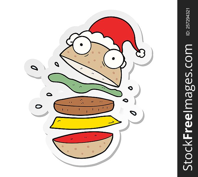 hand drawn sticker cartoon of a amazing burger wearing santa hat