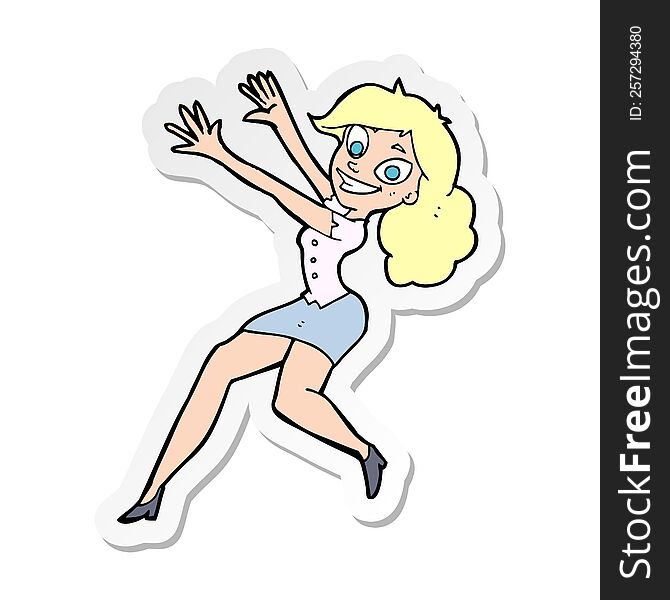 sticker of a cartoon happy woman jumping