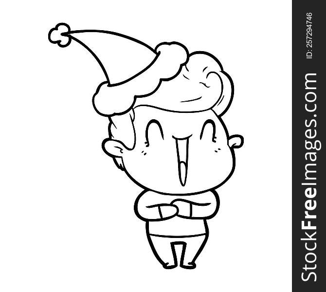 excited man hand drawn line drawing of a wearing santa hat. excited man hand drawn line drawing of a wearing santa hat