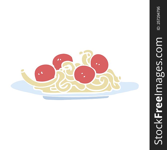 flat color illustration cartoon spaghetti and meatballs