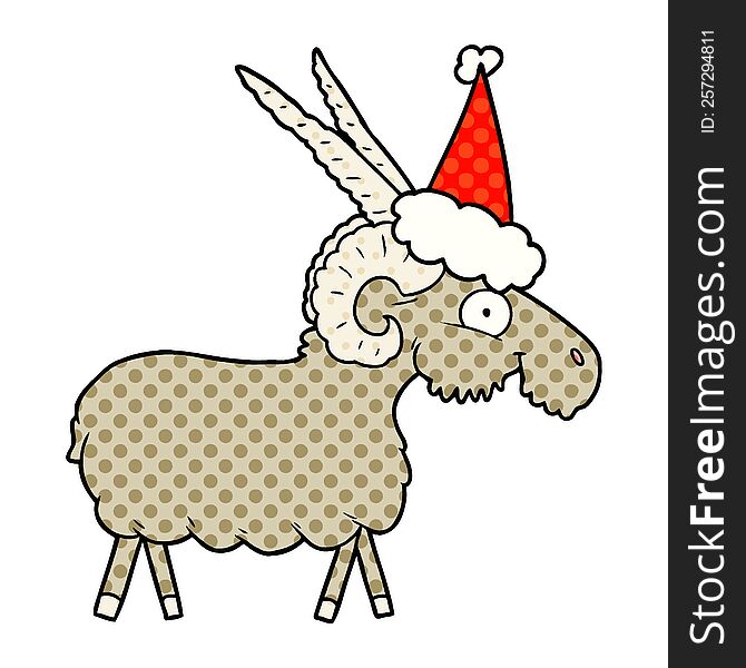 Comic Book Style Illustration Of A Goat Wearing Santa Hat